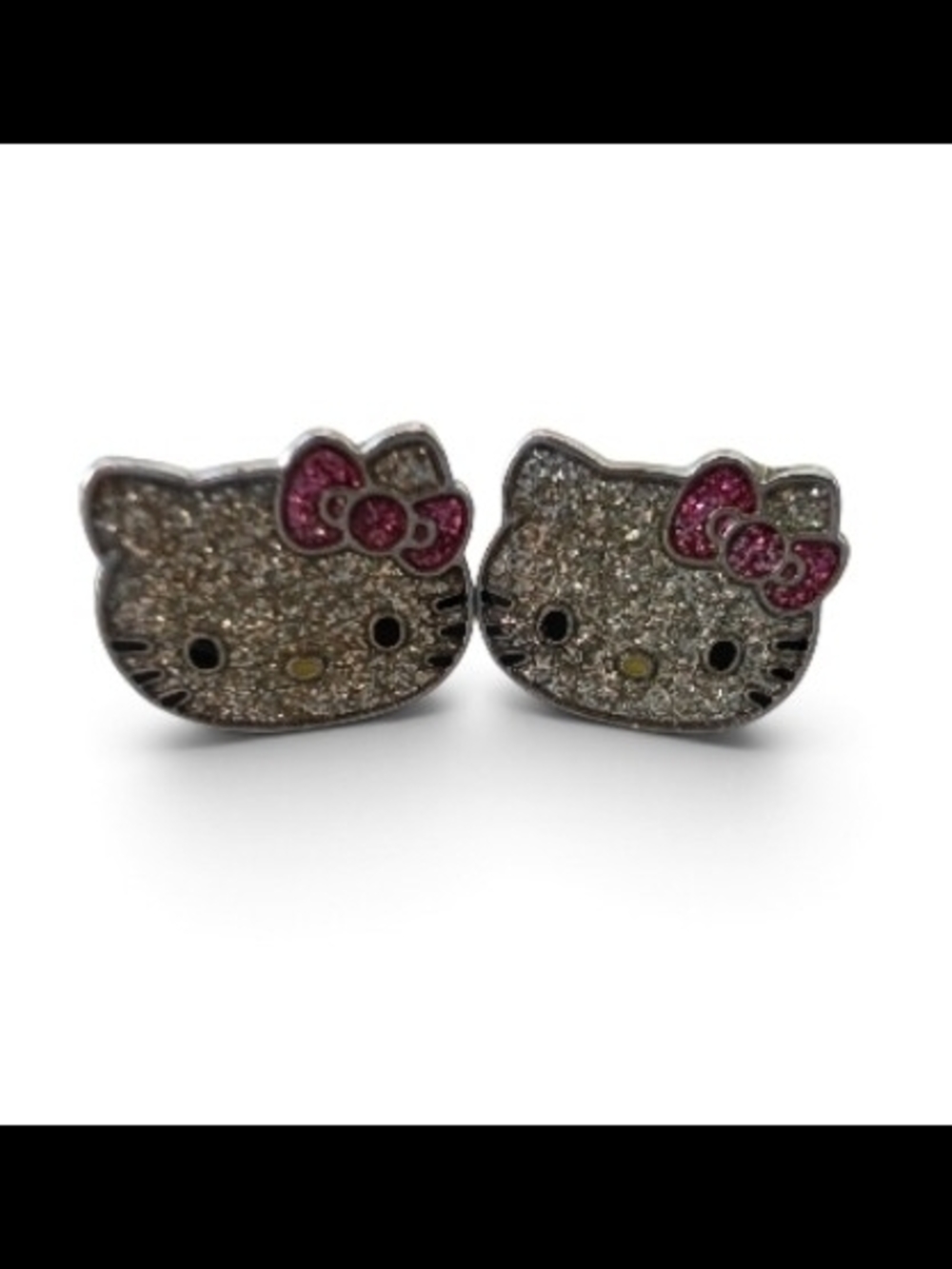 Sanrio Hello Kitty Silver Glitter Stud Earrings with Pink Bows and Yellow Nose